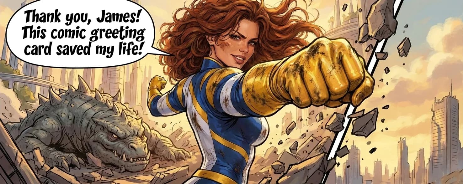 A superheroine in blue and gold throws a punch across a wrecked city, a monster down behind her. Her speech balloon reads: Thank you, James! This comic greeting card saved my life!