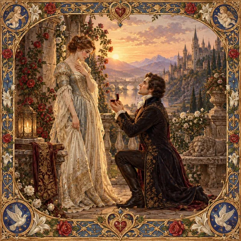 A kneeling proposal at sunset on a castle terrace, framed by an illuminated-manuscript border.