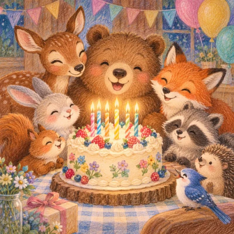 A bear, fawn, fox, rabbit, raccoon and hedgehog around a candlelit cake, in soft pencil.