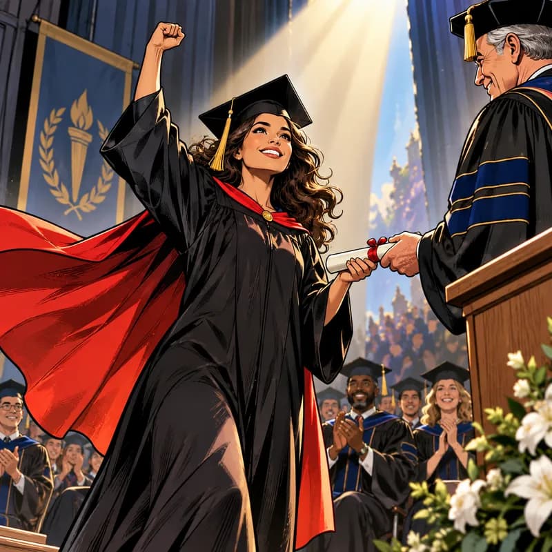 A graduate in cap, gown and red cape raising a fist as she takes her diploma.