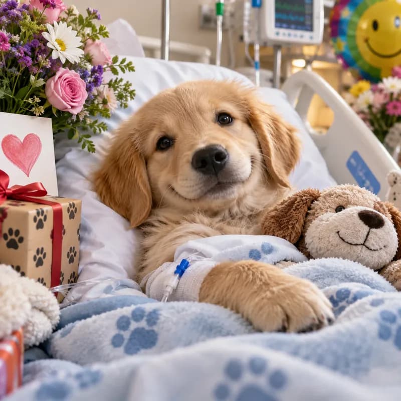 A golden retriever puppy in a hospital bed with flowers, a card and a plush dog.