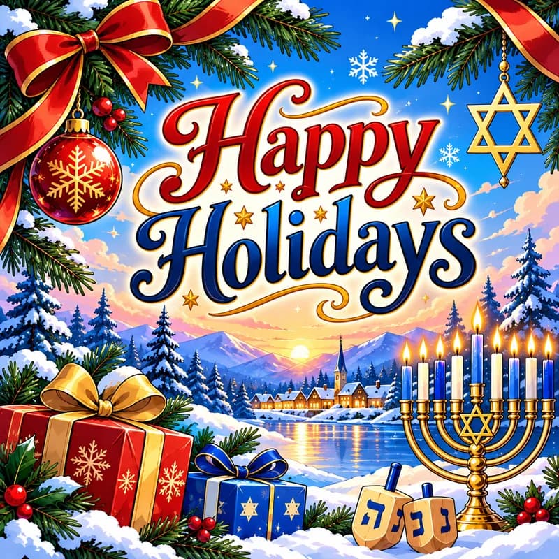 Happy Holidays in red and blue script over a snowy sunset village, with a red bauble, gifts, a menorah and dreidels.