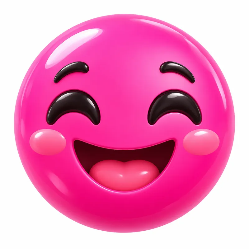 A glossy hot-pink laughing smiley on white.